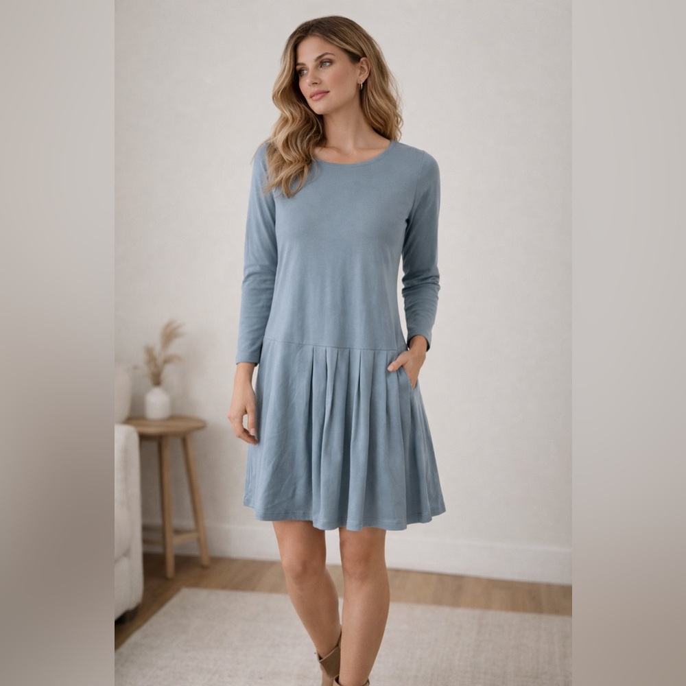 Le Muse Blue Long Sleeve Drop Waist Dress Medium Farmhouse Italian Punto LYRA,